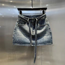 Oversize Retro Diamond Denim Mini Skirt for Women Summer High Waist Shiny Rivet Slim Skirts Gradient Black Grey Jean Skirts