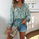 Boho lnspired Pink Floral Blouse Women V-neck Tassel Long Sleeve Bohemian Women Tops New Summer Fashion  Blouse Shirt For Women