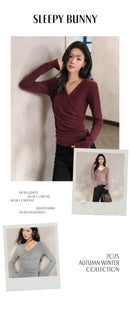 Elegant Ruched Cross V Neck Knit Top Slim Fit Long Sleeve Shirt for Women Chic Casual Early Spring Daily Base Layer Style Lady