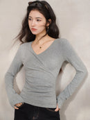 Elegant Ruched Cross V Neck Knit Top Slim Fit Long Sleeve Shirt for Women Chic Casual Early Spring Daily Base Layer Style Lady