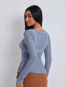 Women Lace Pullover TopS Retro Long Sleeve Round Neck See Through Solid Color Fitted T-Shirts Casual Blouse Streetwear Y2K 2000s
