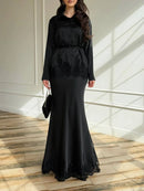 Women Two Piece Sets Skirt Set Turn Down Collar Lace Sexy Full Sleeve Tops Long Skirts High Waist Y2k Streetwear Elegant Work