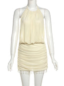 Vestido Mini Feminino Sexy com Renda e Franjas de Pérolas - Halter Costas Abertas Festa