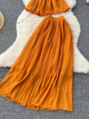 Women Summer Skirt Sets New Fashionable Three-dimensional Flower Short Sleeved Chiffon Top Pleated Skirt Two-piece Set C111