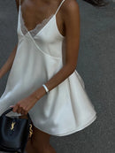 Camisola Feminina Sexy com Renda e Alças - Mini Vestido Sem Manga Costas Abertas Decote V Solta Noite
