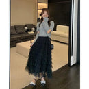 Elegant Multi-Layered Tulle Skirt Long Dress Women's Autumn Winter High Waist Cake Skirt Style Slimming Elegant Midi Skirt