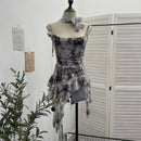 Women's Vintage Tie-dye Printed Mesh Spaghetti Strap Camisole Hot Girl Irregular Ruffled Ribbon Sleeveless Top Partyclub 1185