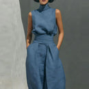 Sleeveless top+wide leg pants summer casual two-piece set elegant and loose office set high street pocket women's set