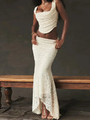 Lace Bandage 2 Piece-Set Long Skirt Female Patchwork Fashion Backless High Waist Elegant Lace-Up Maxi Skirt Sets Outfits