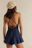 Macacão Jeans Feminino Curto com Cintura Alta e Bolsos - Casual Confortável