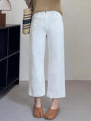 Women High Waist Wide Leg Pants Casual Loose Trousers Summer Solid Color Straight Fit Pocketed Ankle-Length Jeans