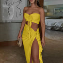 Two Piece Skirt Set for Women Sexy 3D Flower Tube Top High Split Long Maxi Skirt Womens Vacation Outfits