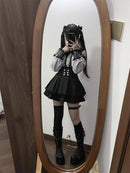 Women‘s Lolita Set Dark Femme Mesh Top & Waist Cinching Skirt, 2025 Autumn Japanese Street Style Coord for Gothic Baddie Fashion