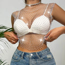 Women's Fishnet Rhinestone Crop Top Summer Sexy Mesh High Elastic Black White Shirt Net Semen Y2K Tank Tops See Through Crop Top