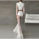 Women Pleated Elastic High Waist Fashion Evening Party Trousers See Through Mesh Pleated Flare Pants 2025 Summer Gown Chic Pants