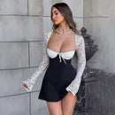 Vestido Mini Feminino com Renda Patchwork e Cintura Franzida - Linha A Costas Abertas Sexy Festa Balada Outono Inverno