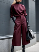 Women's Wine Red High Waist Wide Leg Pants 2025 Spring Autumn Fashion Pleated Ninth Pants Matching Bottoms Streetwear Trousers