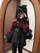 Women‘s Lolita Set Dark Femme Mesh Top & Waist Cinching Skirt, 2025 Autumn Japanese Street Style Coord for Gothic Baddie Fashion