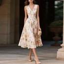 Boho Floral Print Elegant Party Dresses Womens Spring Sexy V Neck High Waist Pleated Long Dress Summer Sleeveless Vacation Dress