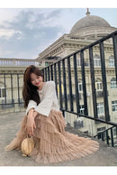 Elegant Multi-Layered Tulle Skirt Long Dress Women's Autumn Winter High Waist Cake Skirt Style Slimming Elegant Midi Skirt