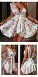 Vestido Feminino com Estampa e Alças de Cetim com Renda - Sexy Decote V Profundo Costas Abertas Elegante Verão