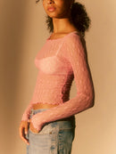 Women Lace Pullover TopS Retro Long Sleeve Round Neck See Through Solid Color Fitted T-Shirts Casual Blouse Streetwear Y2K 2000s
