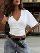 Cropped Franzido Feminino Decote V Manga Curta - Slim Casual Sexy Verão