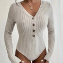 Women's V-neck Button Bodysuit  2024 New Autumn Winter Long Sleeve Ribbed Knitted Skinny Body Suit Top for Women Outfits