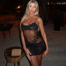 Vestido Feminino Sexy Slim com Renda See Through e Vazado - Sem Manga Costas Abertas Festa Clube