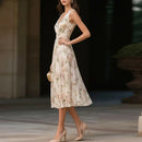 Boho Floral Print Elegant Party Dresses Womens Spring Sexy V Neck High Waist Pleated Long Dress Summer Sleeveless Vacation Dress