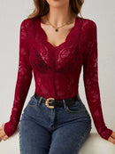 Women Long Sleeve Sheer Mesh Blouse Sexy See Through V Neck Floral Lace Shirt Y2K Daily Wear Street Dating Night Club Party Tops