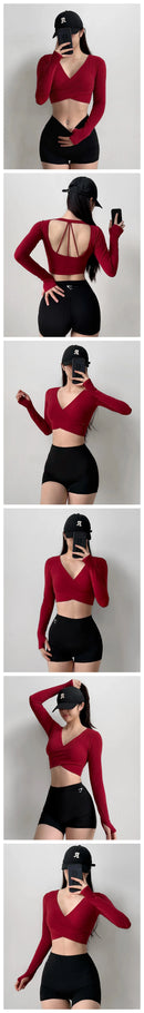 Women's Cross V-Neck Workout Top, Cropped Long Sleeve Open Back Shirt, Sexy Yoga Pilates Fitness Wear