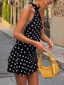 Vestido Mini Feminino com Estampa de Bolinhas e Amarração - Sexy Sem Manga Slim Patchwork Costas Abertas