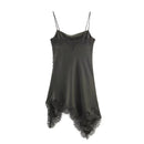 Vestido Mini Feminino de Cetim com Renda Assimétrica - Chic Francês Alças Finas Festa Noite Outono