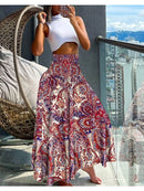 Women Fashion Floral Print Folds Bohemian Elastic High Waist  Skirt Ladies Knee-Length Long Skirts For Women