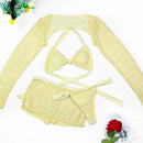 Women's Lace Hollow out Skirt Set Crop Top with Flare Sleeves See through Mini Skirts Summer 2025 Party Sexy Hip Package Outfit