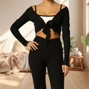 New Women Crop Wrap Tops Solid Color Tie up Hem V-Neck Fitted Long Sleeve Shirt For Club Streetwear Aesthetic Clothes S M L
