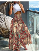 Women Fashion Floral Print Folds Bohemian Elastic High Waist  Skirt Ladies Knee-Length Long Skirts For Women