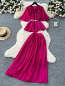 Women Summer Skirt Sets New Fashionable Three-dimensional Flower Short Sleeved Chiffon Top Pleated Skirt Two-piece Set C111