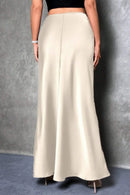 Elegant silk-like satin A-line midi skirt with high waist and mermaid tail for women in spring and summer
