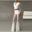 Women Pleated Elastic High Waist Fashion Evening Party Trousers See Through Mesh Pleated Flare Pants 2025 Summer Gown Chic Pants