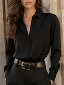 Women's  Long Sleeve Button Down Blouse - Elegant Office Chic Top with Classic Collar & Versatile Style