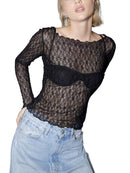 Women Lace Pullover TopS Retro Long Sleeve Round Neck See Through Solid Color Fitted T-Shirts Casual Blouse Streetwear Y2K 2000s