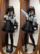 Women‘s Lolita Set Dark Femme Mesh Top & Waist Cinching Skirt, 2025 Autumn Japanese Street Style Coord for Gothic Baddie Fashion