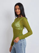 Women Lace Pullover TopS Retro Long Sleeve Round Neck See Through Solid Color Fitted T-Shirts Casual Blouse Streetwear Y2K 2000s