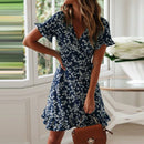 Boho Floral skirt Print Ruffles Women Dress Summer Sexy V Neck Short Sleeve A Line Chiffon Mini Dresses Beach Sundress
