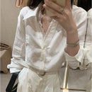 Elegant Lace Trim Blouse Women Spring Autumn Single Button Pure Desire Long Sleeve Top