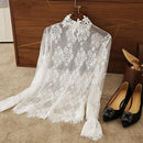 Sexy Women Lace Blouses Long Flared Sleeve High Collar Inner Wear Lace Shirt Base Tunic Top Perspective Vintage Bottom Blouse