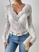 Women Long Sleeve Sheer Mesh Blouse Sexy See Through V Neck Floral Lace Shirt Y2K Daily Wear Street Dating Night Club Party Tops