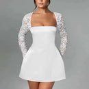 Vestido Mini Feminino com Renda Patchwork e Cintura Franzida - Linha A Costas Abertas Sexy Festa Balada Outono Inverno